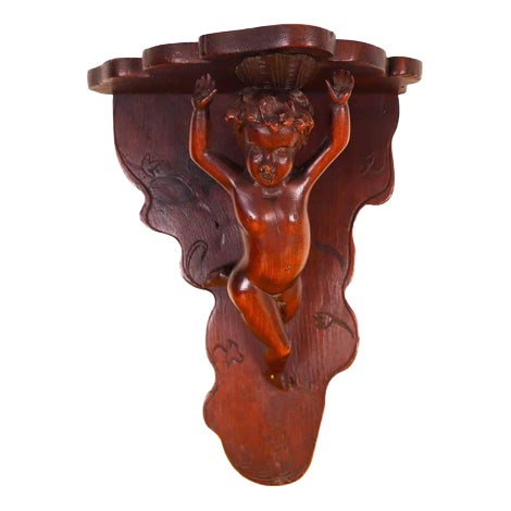 Wooden Shelf with Cherub Sculpture For Sale