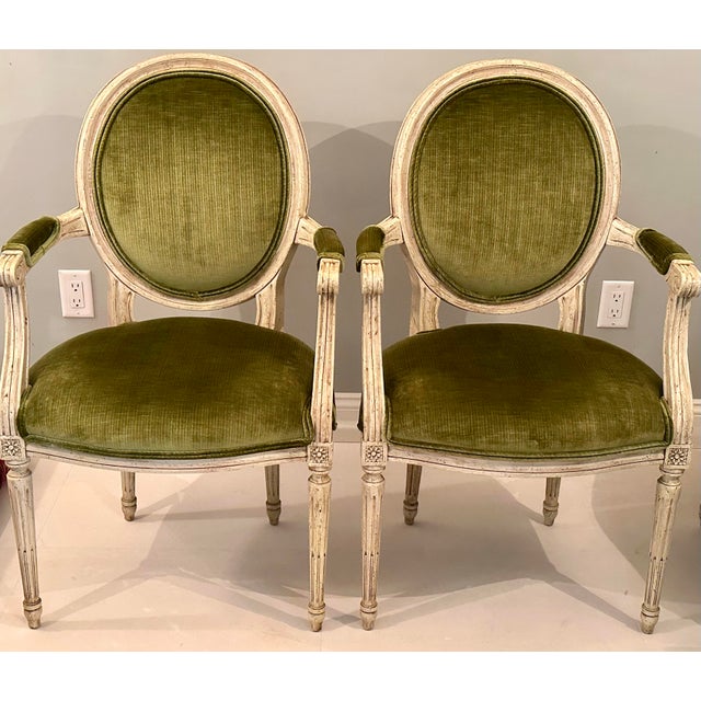 Textile Set of Four Baker Louis XVI Painted Salon Chairs in Scalamandré Upcountry Velvet For Sale - Image 7 of 12