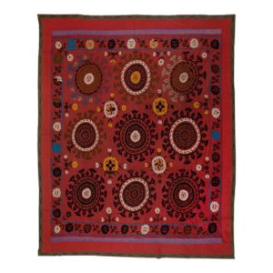 Vintage Silk Embroidery Large, Maroon Red Bedspread, Old Tablecloth.8' X 8'8'' (240 X 263 Cm)