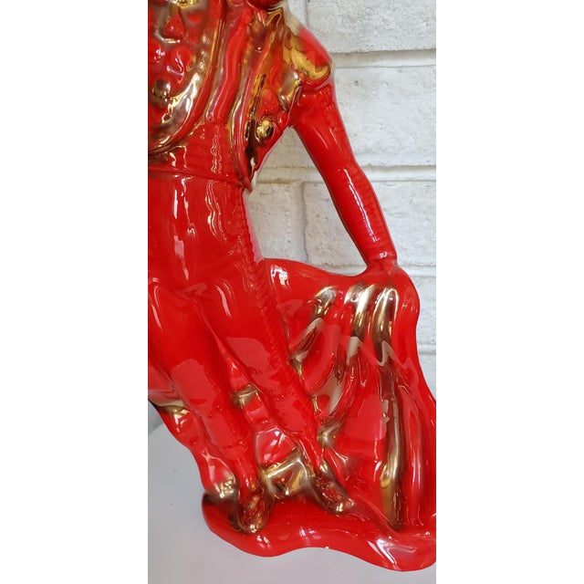 1950s Tall Red Glossy Gilded Ceramic Figurine of a Matador Bullfighter For Sale - Image 10 of 12