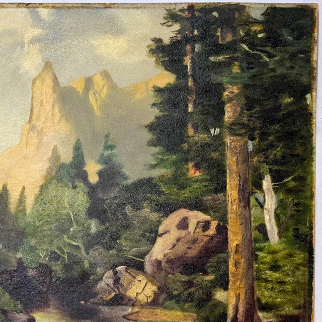 1910s Sentinel Rock Through Pines Yosemite Oil on Board - After Thomas Moran Circa 1915 For Sale - Image 5 of 12