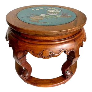 Asian Chinese Rosewood and Cloissone Pedestal Side Table