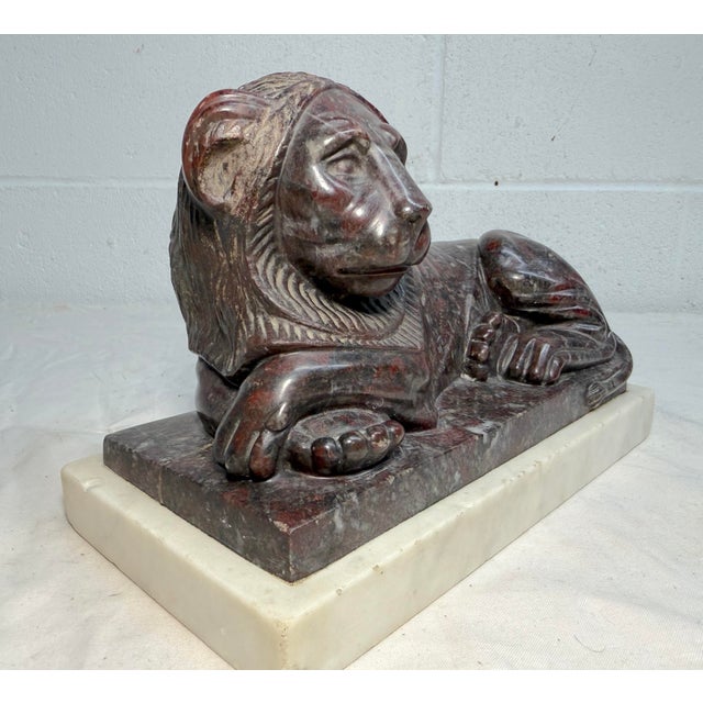 Figurative Antique Hand Carved 19th Century Reclining Lion Solid Marble Sculpture Statue For Sale - Image 3 of 16