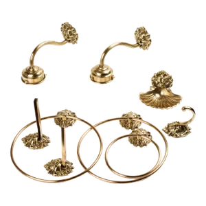 Vintage 1960s Brass Lions Head Bathroom Wall Sconces, Towel Rings, Glass Shelf Holder, Robe Hook, Soap Dish - Set of 9