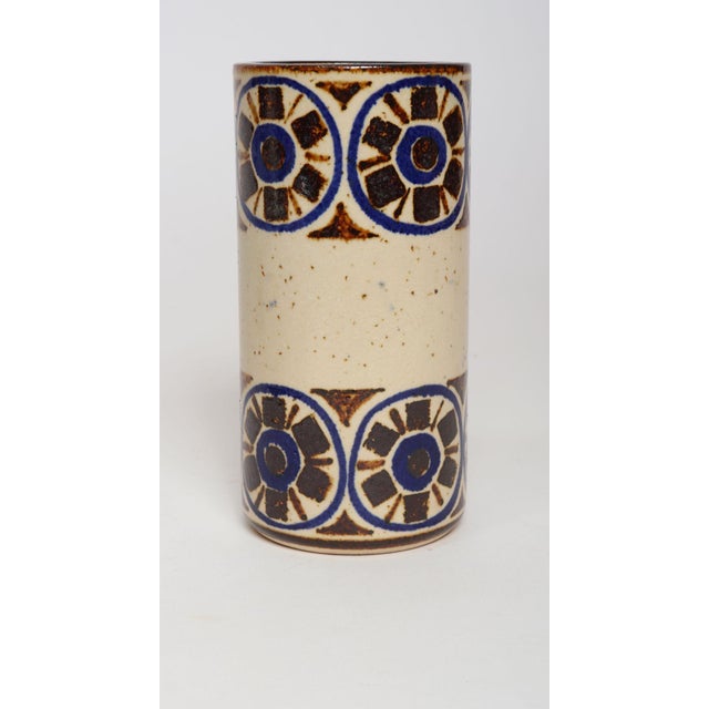 Scandinavian Modern stoneware cylindrical vase, ca. 1960s. Attractive color combination and geometric pattern in brown and...
