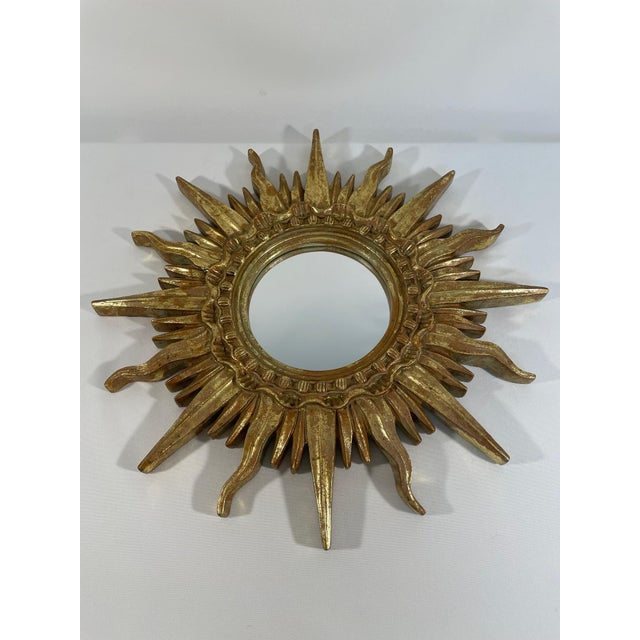 French Provincial Vintage 1960s French Style 16.5" Gilded Sunburst Wall Mirror For Sale - Image 3 of 15