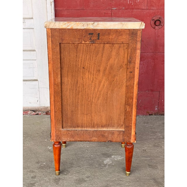 Antique French Empire Style Marquetry Cabinet / Nightstand With Marble Top and Gold Gilt Bronze Mounts For Sale - Image 11 of 13