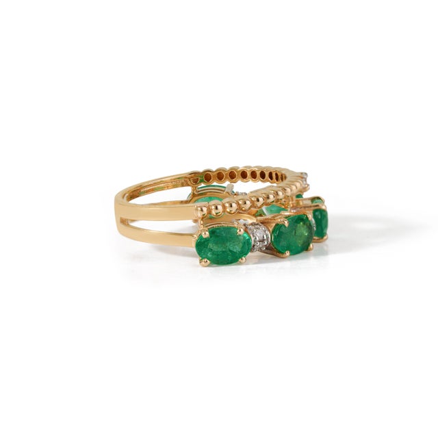 Metal Vintage-Style 2.18ct Oval Emerald & Diamond Double Band Ring in 14k Gold Size 8 For Sale - Image 7 of 18