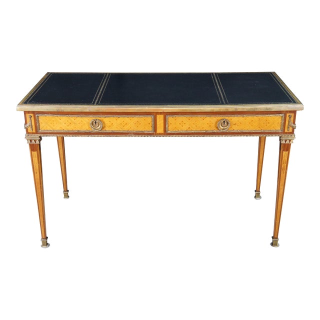Antique French Louis XVI Kingwood Marquetry Leather Top Bureau Plat Writing Desk For Sale
