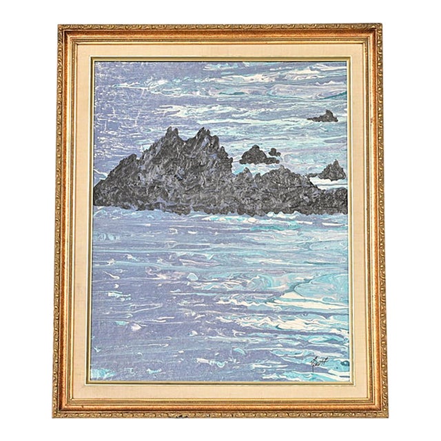 Original Artist Signed Abstract Rocky Seascape Oil Painting in Carved Giltwood Frame For Sale
