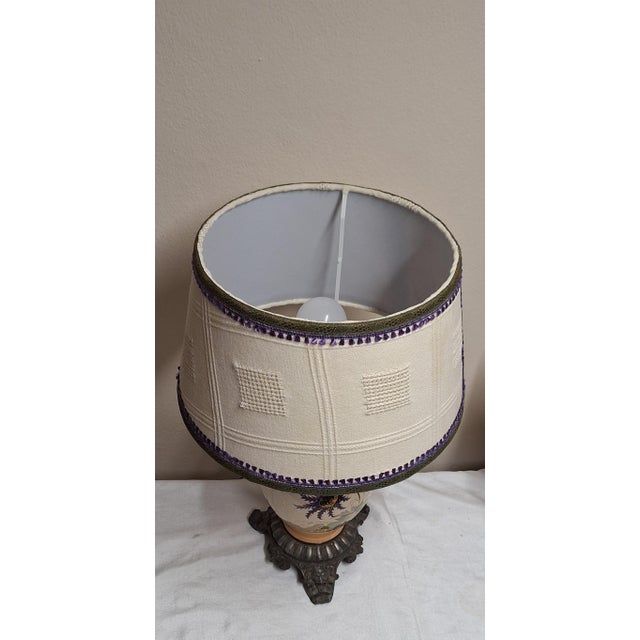 Antique German Table Lamp with Decorated Metal Base with Ceramic Column and Handmade Fabric Shade from Lamplove, 1890 For Sale - Image 6 of 10