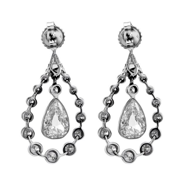 Contemporary Vintage 8.90ct Pear Rose Cut Diamond Drop Earrings With Halo 18k White Gold, Pair For Sale - Image 3 of 3