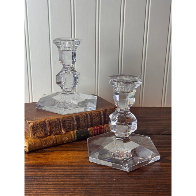 Art Deco Val Saint-Lambert Signed Belgian Crystal Candlesticks, Pair, 5" Tall, Late 20th Century For Sale - Image 3 of 7