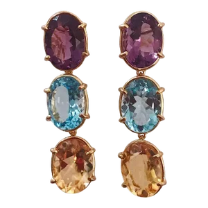 Christina Addison 18kt Yellow Gold Elegant Three Stone Drop Earrings With Faceted Oval Amethyst and Blue Topaz and Citrine.
