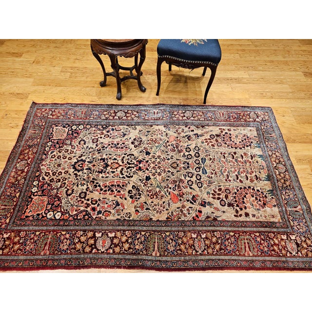 Antique Persian Kashan Rug, Hand-Knotted Wool, Tree of Life Design, Ivory & Burgundy, 4x7 For Sale In Chicago - Image 6 of 15
