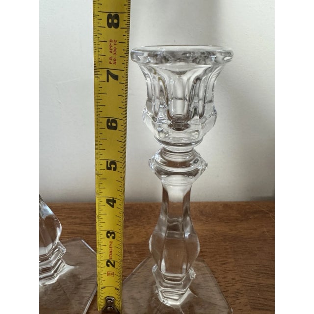 Vintage Pair Clear Glass Crystal Candlesticks 7.5" Hexagon Base Taper Holders For Sale - Image 11 of 11
