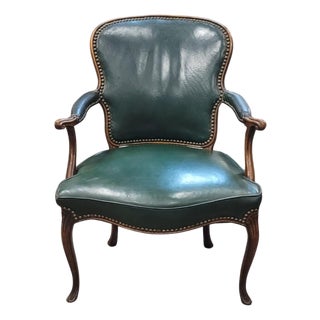 Antique French Green Leather Arm Chair For Sale