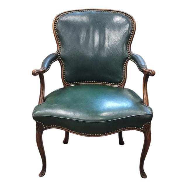 Antique French Green Leather Arm Chair For Sale