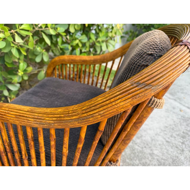 Vintage Burnt Bamboo Rattan & Cane Lounge Chairs on Casters, a Pair For Sale - Image 10 of 12