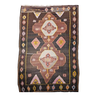 Vintage Turkish Kilim Rug, Handwoven Wool, Chocolate Brown, Pale Green, 7x11 For Sale