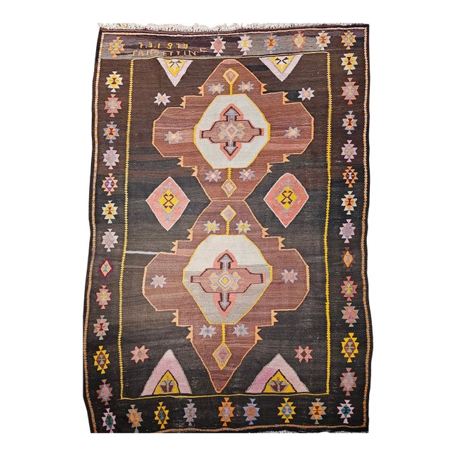 Vintage Turkish Kilim Rug, Handwoven Wool, Chocolate Brown, Pale Green, 7x11 For Sale