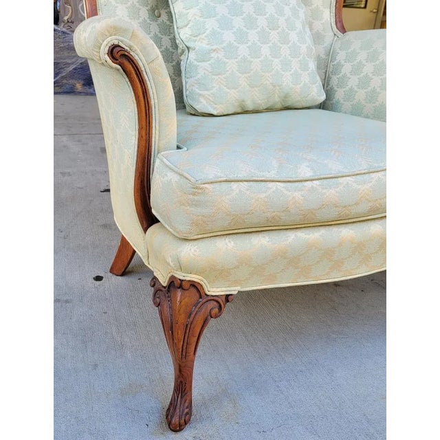 Vintage Carved Walnut French Style Upholstered Butterfly Wingback Chairs - a Pair For Sale In Raleigh - Image 6 of 12
