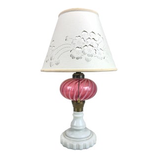 Antique Fenton / L G Wright Style Cranberry & Milk Glass Converted Oil Lamp For Sale