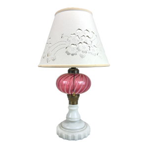 Antique Fenton / L G Wright Style Cranberry & Milk Glass Converted Oil Lamp