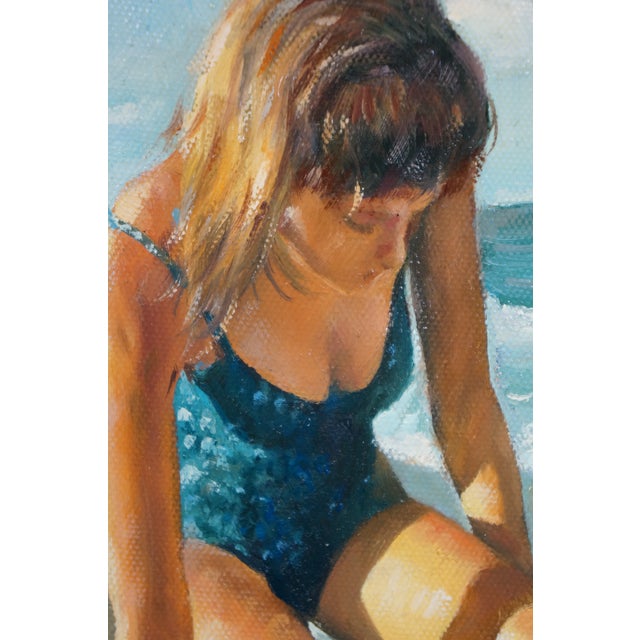 Late 20th Century Timeless Treasures Coastal Seascape Family on the Beach Oil Painting 20" For Sale - Image 10 of 12