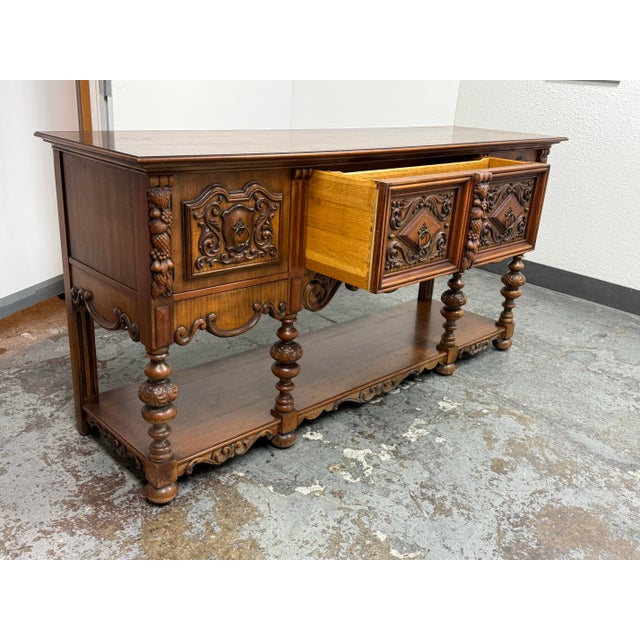 Early 20th Century Empire Manufacturing Company Tudor Revival Carved Walnut Console Server, Circa 1920's For Sale - Image 5 of 12