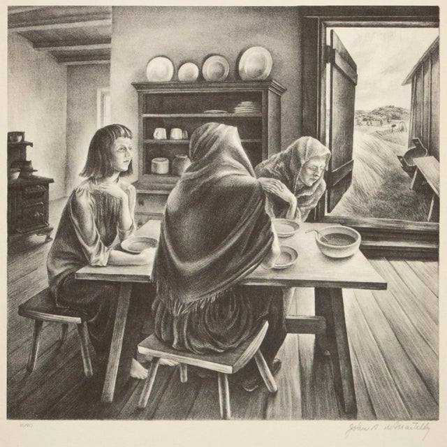 An excellent First Edition period black and white offset lithograph (print) after drawing "Give Us This Day" by American...