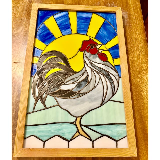 Glass Mid 20th Century Framed Handcrafted Stain Glass Rooster and Vibrant Sunrise For Sale - Image 7 of 11