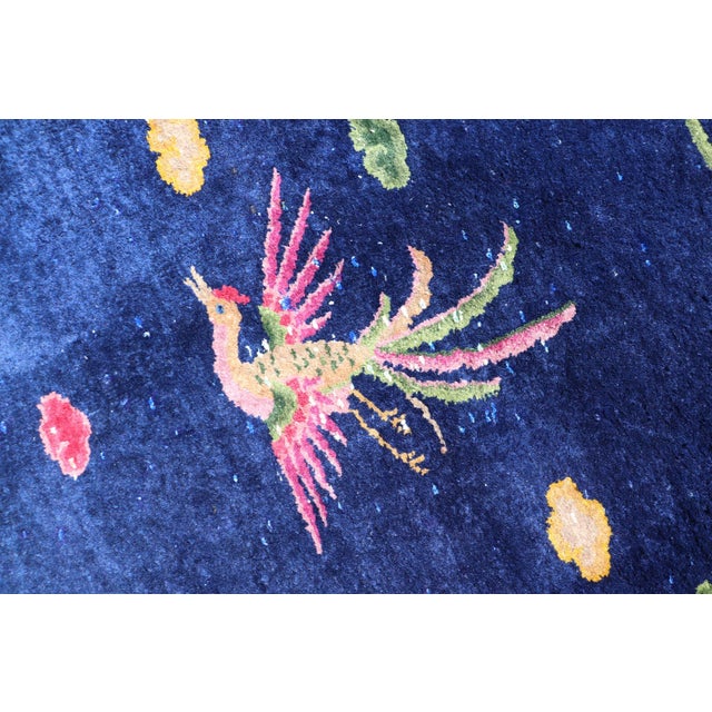 Large Antique Art Deco Rug in Deep Navy Blue With Vibrant Red Border For Sale - Image 10 of 13