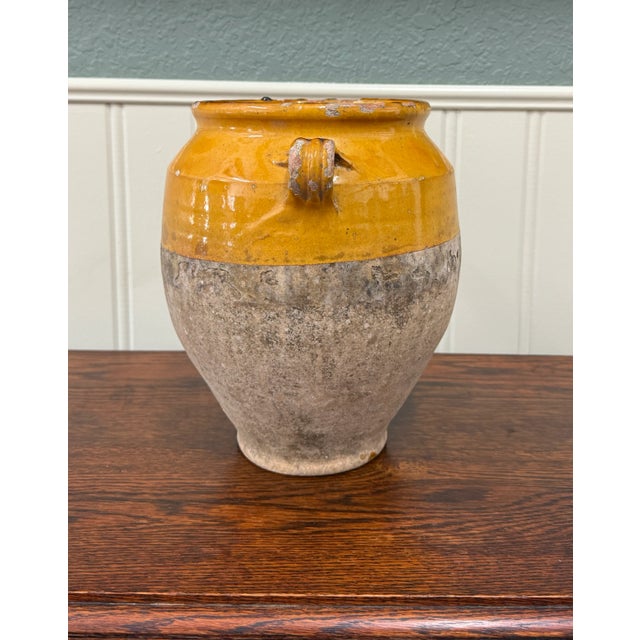 Antique French Country Confit Pot Pottery Jug Glazed Ochre Yellow Large #2 For Sale - Image 10 of 17