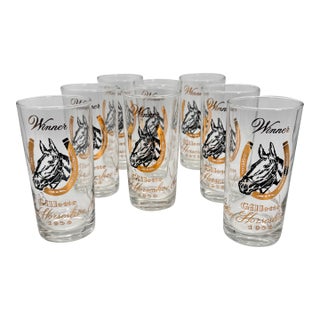 Vintage Mint Julep Gillette Horseshoe Winner Glasses 1956 Horse Motif Barware -Set of 8 For Sale