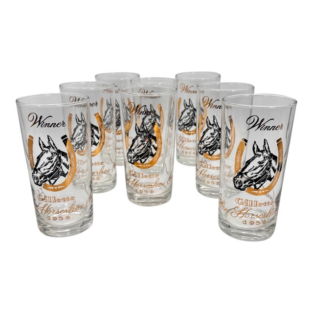Vintage Mint Julep Gillette Horseshoe Winner Glasses 1956 Horse Motif Barware -Set of 8 For Sale