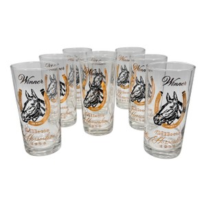 Vintage Mint Julep Gillette Horseshoe Winner Glasses 1956 Horse Motif Barware -Set of 8