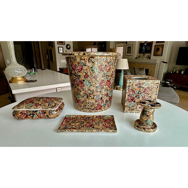 Ceramic Chinese Bathroom Accessory Set Floral Porcelain Vintage For Sale - Image 7 of 17