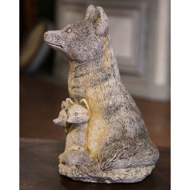 Mid-Century French Weathered Stone Garden Sculpture of Fox With Two Pups For Sale In Dallas - Image 6 of 9