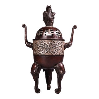 Bronze & Silver-Inlaid Tripod Censer With Elephant Legs & Bagua Lid For Sale