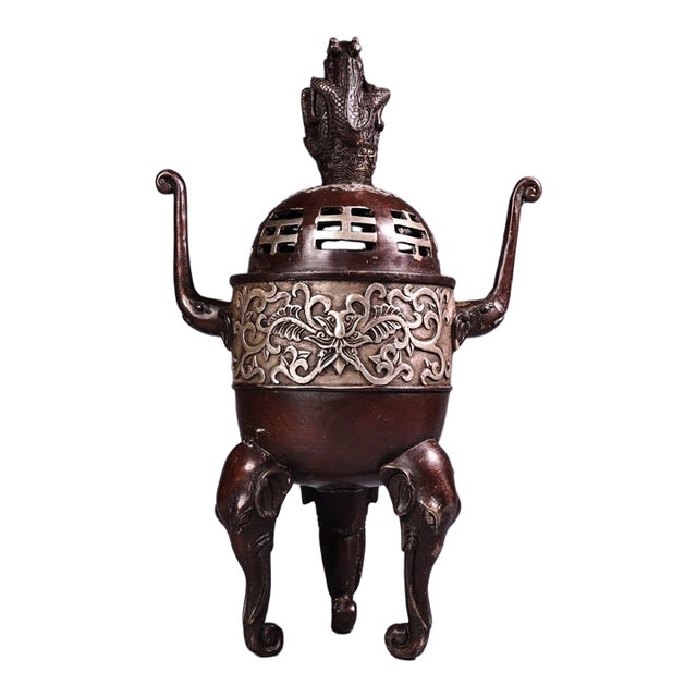 Bronze & Silver-Inlaid Tripod Censer With Elephant Legs & Bagua Lid For Sale