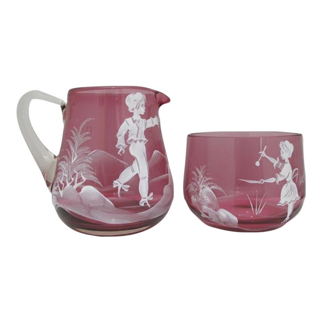 Mary Gregory Czech Red Glass Enamel Figural Painted Creamer Pitcher & Sugar Bowl For Sale