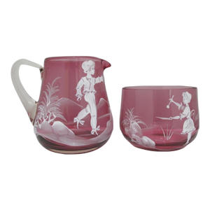 Mary Gregory Czech Red Glass Enamel Figural Painted Creamer Pitcher & Sugar Bowl