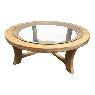 Paul Frankl for Brown Saltman Round Cerused Oak Coffee Table With New Glass Top – Mid-Century Modern With Art Deco Influence For Sale