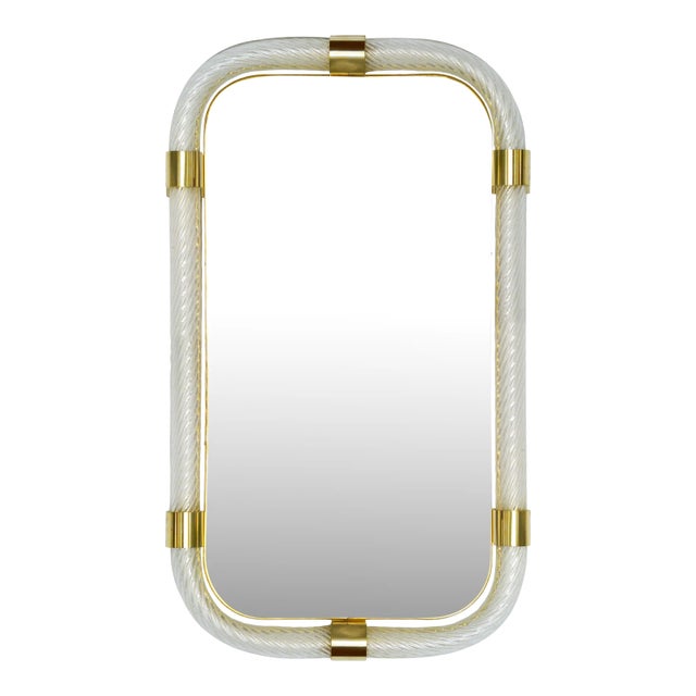 Murano Mirror With Twisted Clear Glass and Brass Details For Sale