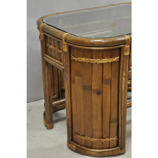 Vintage Hollywood Regency Bentwood Rattan Glass Top Beach House Side Table For Sale In Philadelphia - Image 6 of 11
