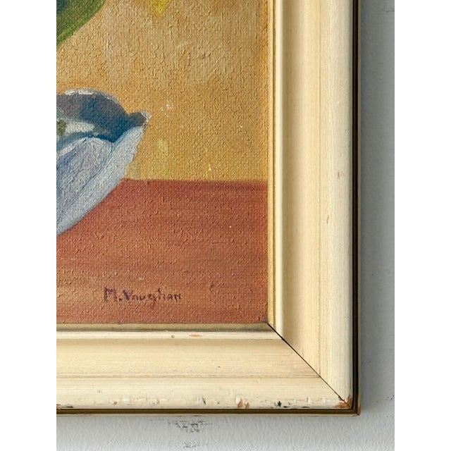 Early 20th Century Art Deco Still Life of Irises and Tulips With Bird, Oil on Board, Framed For Sale - Image 12 of 13