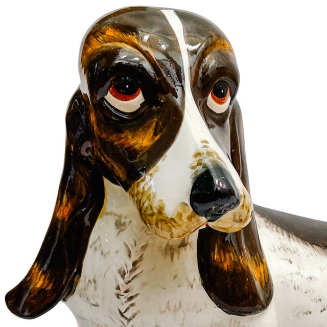 Mid-Century Italian Hand-Glazed Majolica Reclining Basset Hound Statue For Sale - Image 9 of 12