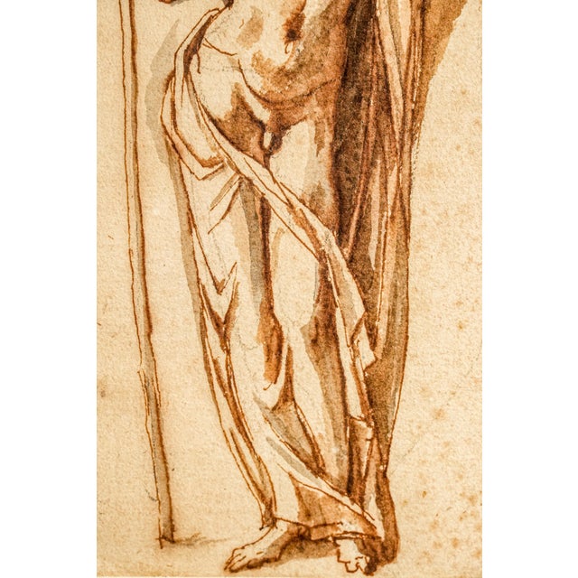 Brown Mixed Medium Antique Framed Neoclassical Drawing Gouache Watercolor Classical Male Female Figures Art Grand Tour Style For Sale - Image 8 of 16