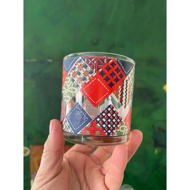 Vintage Cora Red and Blue Patchwork Lowball Whiskey Glasses - Set of Four (4) For Sale - Image 4 of 7